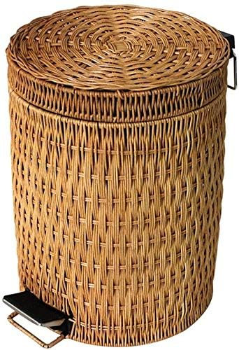 TONG TONG Round Rattan Trash Can Wastebasket Wicker Woven Step Trash Can with Lid,Kitchen Bathroom Household Garbage Can,Large Pedal Waste Bin Dustbin