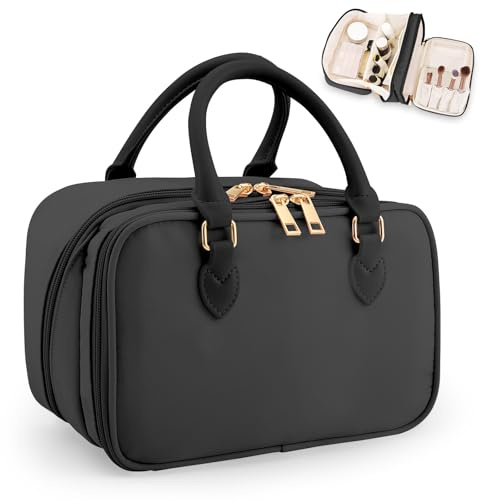Travel Makeup Bag for Women Fashion Large Capacity Pouch Open Flat Cosmetic Portable Organizer Waterproof Large Opening Storage Toiletry Bags Vertical Free-Standing Brush Holder for Easy Access Black