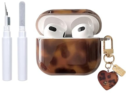 Reownest Custodia per AirPods 3ª Generazione con Kit di Pulizia, Design Estetico con Carino Motivo Leopardato Ambra Cover con Portachiavi Antigraffio per Cuffie Morbida – Ambra