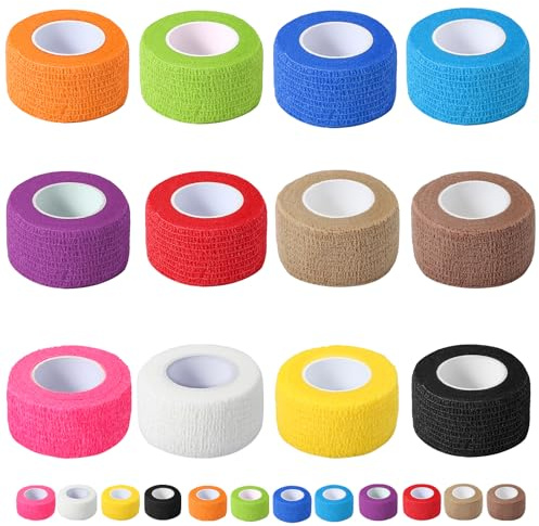 12 Pack Self Adhesive Bandage Wrap, 2.5cm x 4.5m Non-Woven Self Adherent Cohesive Bandage, Vet Wrap Wound Tape for Thumb Finger Wrist Knee Ankle, Mix Colors
