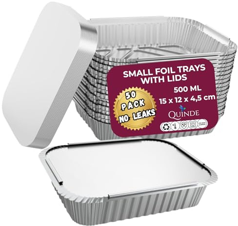 QUINDE Small Foil Containers with Lids Pack of 50 – 500ml Disposable Aluminium Takeaway Food Containers with Lids, Meal Prep & Freezer Storage Foil Trays for Food Delivery, Leftovers & Portion Meals