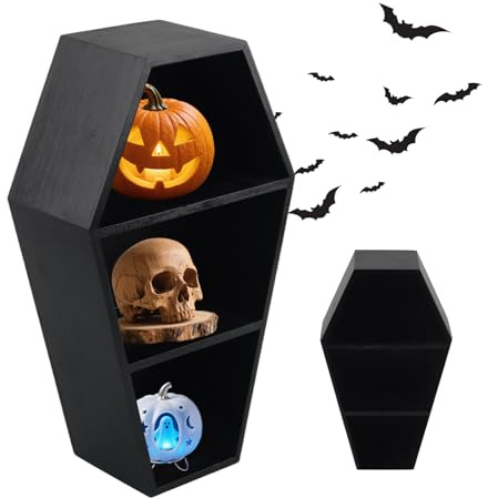 Dwafill Gothic Sargregal, Schwarz Sarg Regal Coffin Shelf Hexenregal Regal in Sarg Optik Kleines Gothic Wandregal Schwarzer Gotische Deko Dekoration Halloween Weihnachten Ostern, 34x18x9 cm