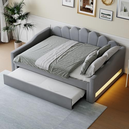 Oxtao Polsterbett mit Ausziehbett 140x200cm(90x190 cm), Schlafsofa Tagesbett mit LED Beleuchtung und Lattenrost, Daybett Sofabett Jugendbett, Ohne Matratze (Grau)