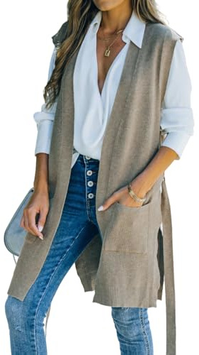 IDEALSANXUN Long Sweater Vest Women 2025 Fall Jackets Winter Sleeveless Open Front Cardigan Sweaters Knitted Tops, Khaki, M