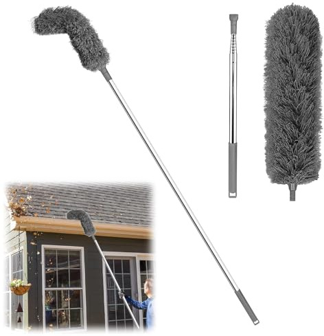 Plumeau Telescopique 2,8 m - Balai à Poussière Extensible avec Tête de Loup Flexible, 2,4 m Tige Réglable en Acier Inoxydable, Plumeau poussiere Lavable en Microfibre pour Toiture, Plafond, Fenêtres