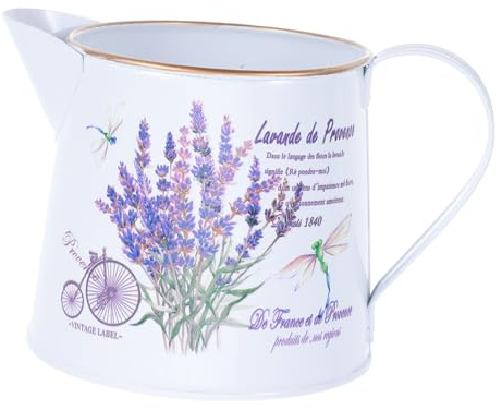 LOORGVEL Vintage Floral Printed Iron Watering Can Vase Metal Garden Pitcher for Indoor Outdoor Plant Decoration Creative Rustic Flower Pot Accessory Lavender Pattern