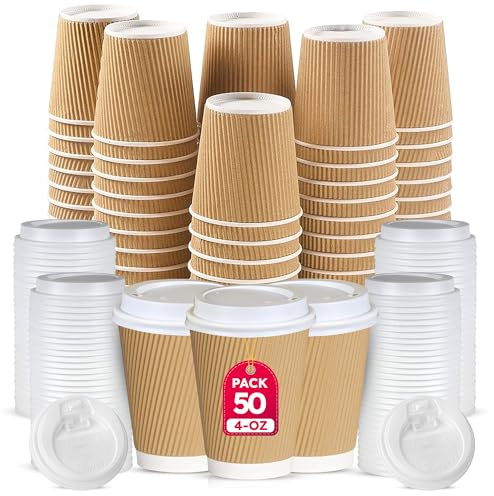 CHEF ROYALE 50x 4oz Kraft Takeaway Paper Coffee Cups with Lids - Triple Walled Disposable Cups for Hot & Cold Drinks (50)