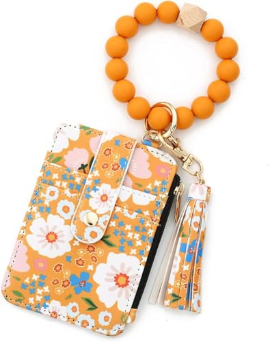 ZHXMALL Portafoglio da donna, portachiavi con fiori, borsa da polso per donne, graziose perle di silicone, porta carte di credito con anello portachiavi, borsa per bracciale, giallo., Giallo, Moderno