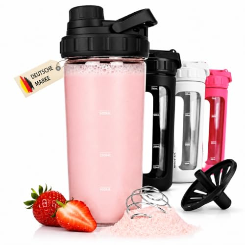Glas Shaker 750 ml [PREMIUM] | Proteinshaker mit Mischnetz & Skala | BPA-Frei & auslaufsicher | spülmaschinenfest | robustes Spezialglas | Edelstahl Mixball (Obsidian-Schwarz)