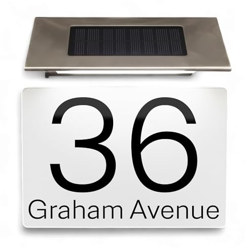 Housics Personalised Solar House Sign LED Door Plaque, White 200x130mm | Customised address plaque with solar LED light. Weatherproof composite aluminium for outdoor front door wall.
