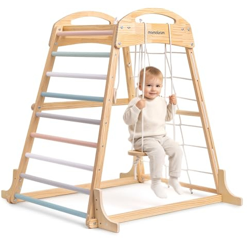 mamabrum Parco giochi al coperto in legno per bambini con altalena, anelli da ginnastica e rete da arrampicata – Set sportivo multifunzionale per la casa
