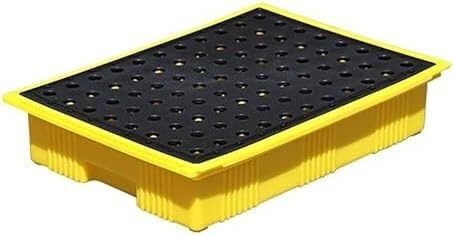 Robust, modulär uppsamlingsbricka med dräneringsbehållare, 49 x 36 x 10 cm, gul-svart randig, lämplig för industriella lösningar för att bekämpa olje- och kemikalielagg.