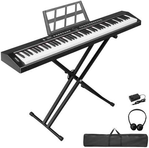 LEADZM Pianoforte Digitale Semi-Pesato a 88 Tasti, Tastiera Full Size, Tastiera Elettronica con Supporto a Forma di X a Doppio Tubo, Bluetooth MIDI, Leggio, Pedale Sustain, Cuffie (Nero, + Supporto)