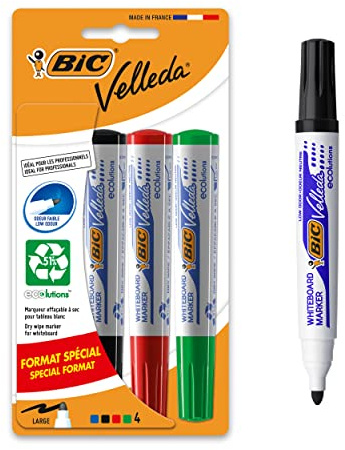 BIC Velleda 1701 Ecolutions - Pennarelli per lavagna, cancellabili a secco, punta conica, colori assortiti, confezione da 4