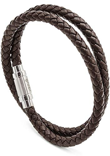 Globi Leather Bracelet For Men | Genuine Wrap Braided Leather Cuff Bangle Bracelet with Magnetic Stainless Steel Clasp For Men/Women (Brown 7”)