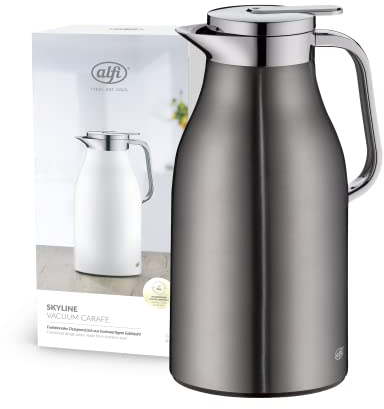 alfi SKYLINE 1,5l, cool grey, Edelstahl-Isolierkanne mit hygienischem Hartglaseinsatz, Drehverschluss mit bequemer Drucktaste, ergonomischer Griff, mit einer Hand, ideal als Kaffeekanne, Teekanne