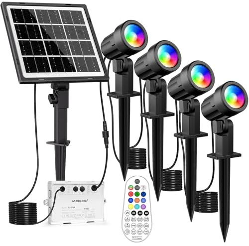 MEIKEE Solar Strahler RGB+Weiß Gartenbeleuchtung Solar Gartenleuchten Außen | 10 Farben 30 Zyklusmodi 2 Helligkeit Timer Solarleuchte Dusk to Dawn IP66 Wasserdicht für Garten Baum Teich Rasen 4 Stück