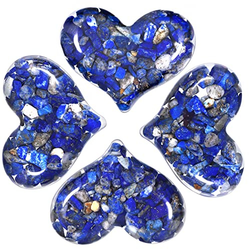 Nupuyai 4PCs Lapis Lazuli Naturelle Pierres de Cristal de Résine en Forme de Coeur pour la Relaxation, Reiki Pierre de Palmier de Poche pour la Chakra Méditation et Décor de Bureau