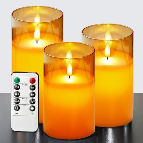 ILEEDear Gold Glas Flammenlose Kerzen mit Fernbedienung und Timer, Echtwachskerz, Batteriebetrieben, Zur Deko Wohnzimmer Schlafzimmer Badezimmer Weihnachtsdeko Halloween, 3er-Set