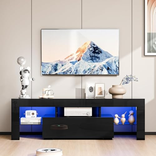 LEADZM Meuble TV LED Laqué 130x35x45 cm Noir