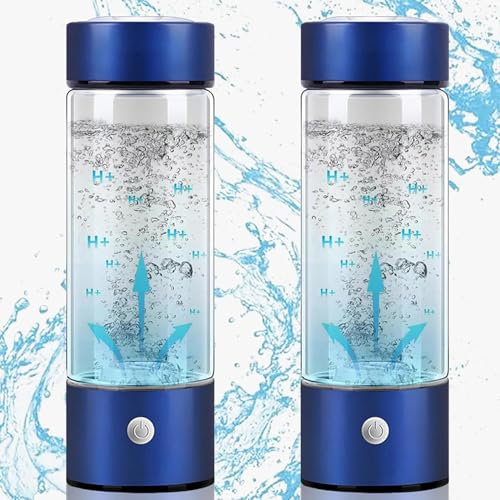 Tazza Ricca Idrogeno, Bottiglie Vetro Portatili Ionizzatore d'Acqua Ricaricabile Tramite USB Energia Alcalina 3 Minuti Microelettrolisi Produzione Idrogeno per Casa, Ufficio, Viaggi(Blue,2 PCS)
