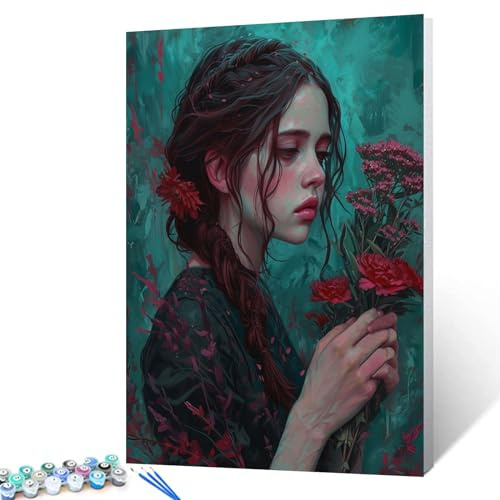 Malen nach Zahlen für Erwachsene, Motiv: Hübsches Mädchen mit roten Blumen, Blumen- und Portrait-Thema, DIY, Leinwand, Ölgemälde, Acryl-Pigment-Kits, Aquarell-Stil, Wandkunst, Dekoration, Geschenk,