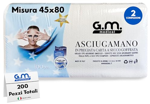 GM 200 Pezzi (Certificati) Asciugamani Monouso Goffrati, Misura 45x80cm, Morbidissima e Pregiata Carta a Secco a Nido D'ape, Parrucchieri, Estetisti, Pedicure, Hotel, Utilissimi x Casa