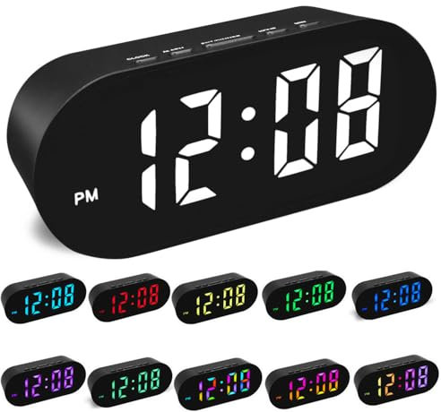 FAMICOZY Small Simple Digital Alarm Clock,11 Color Options for Digits,Night Mode Auto Dim Auto Brighten,7 Adjustable Brightness,Large Numbers,Crescendo Loud Alarm for Bedroom Bedside,Black