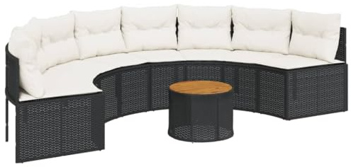 vidaXL Gartensofa mit Tisch und Kissen Halbrund Schwarz Poly-Rattan