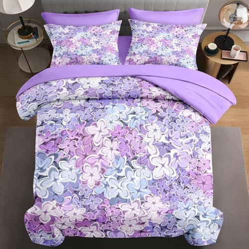 WeCozy 7-teiliges Bettwäsche-Set für King-Size-Betten mit 2 Kissenbezügen und 2 Kissenbezügen, blau-violettes Blumen-Bettwäsche-Set für Kinder und Erwachsene, rosa lila Blumenbeet in einer Tasche mit