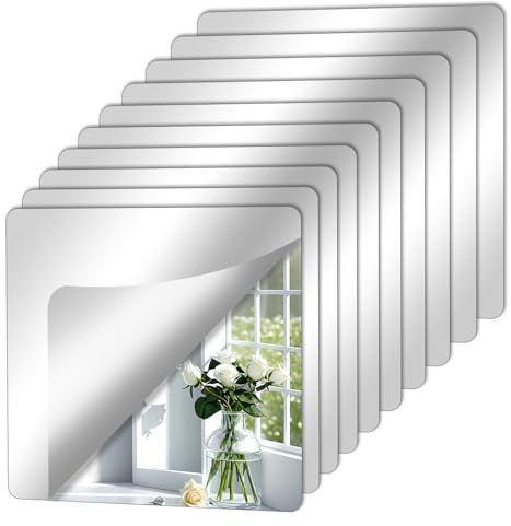 QEEYON 10 st flexibla spegelark självhäftande speglar 2 mm förtjockad akrylspegel full längd väggspeglar 15 x 15 cm plastspegelplattor utan glas spegel för badrum, sovrum, dörr etc