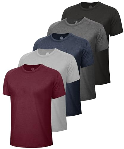 BOOJO 5 Pack Workout Shirts for Men-Quick Dry Black Gym Moisture Wicking Short Sleeve T-Shirts for Running Athletic Casual