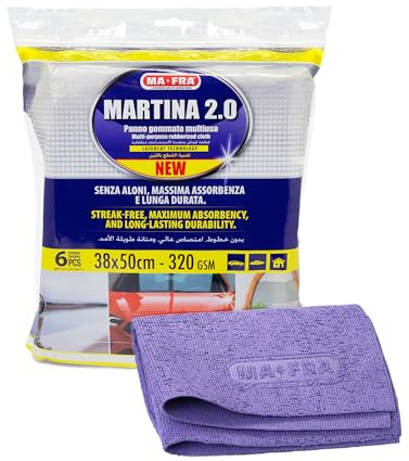 Ma-Fra 6 Pezzi Panno Martina 2.0 - Panno Gommato Multiuso Alta Assorbenza, Ideale per Asciugare e Pulire Superfici Delicate NO Aloni. Auto, Vetri, Interni, Pelle, Acciaio. Microfibra 38×50cm