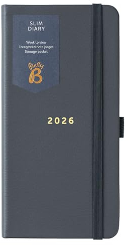 Busy B 2026 Slim Weekly Planner Diary with Charcoal Faux Leather Cover - Compact Design Pocket Diary, Week to View Layout, Notes Pages & Storage Pocket - Handbag-Sized Journal for Organisation