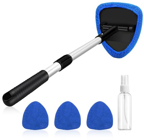 Car Windscreen Cleaner, Auto Window Cleaning Tool with 4 Reusable Washable Microfiber Pads, Detachable & Extendable Handle, Windshield Wiper Kit for Inside Glass Cleaning, Car Cleaning Accessories
