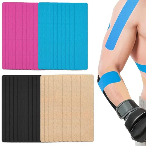 GNALIA Kinesiotape - 40 Tiras Precortadas (20Cm X 4Cm) | Cinta Kinesiológica Hipoalergénica | Impermeable Y Elástica | Negro, Azul, Beige Y Rosa