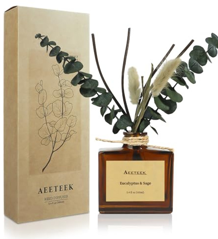 Aeeteek Diffuseur d'huiles essentielles, Sauge et d'eucalyptus Reed Diffuser, 100ml Parfum Longue durée pour décoration d'intérieur avec Fleurs séchées, diffuseur Parfum Maison | Diffuseurs parfumés de 100 ml, parfum durable pour décoration d'intérieur avec fleurs séchées