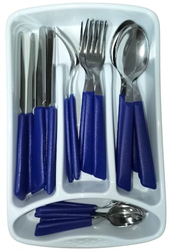 Servizio di Posate completo 24 Pezzi per tavola di 6 persone manico blu in Acciaio Inossidabile Lavabili in Lavastoviglie Made in Italy in omaggio il Porta Posate da Cassetto