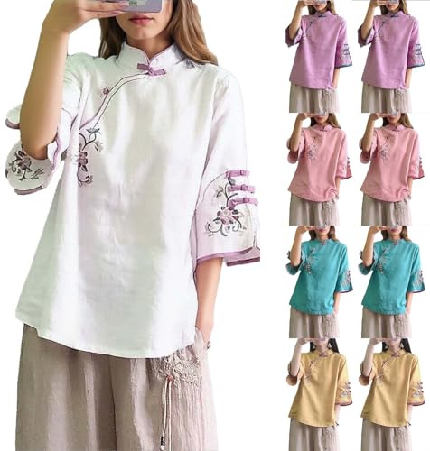 BVEBJDX Embroidery Cotton Linen Tops Womens Chinese Embroidered Shirts Summer Half Sleeve Blouse Casual Button Neck Tunic Tops Plus Size White