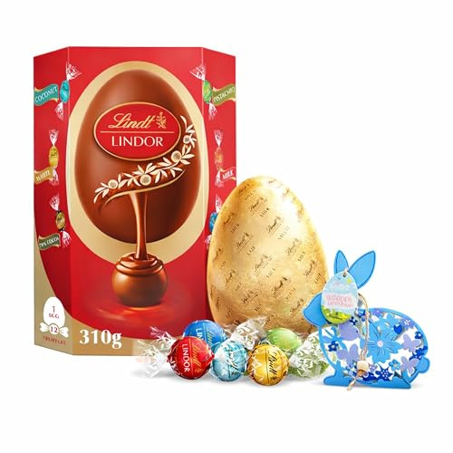 Lindt Chocolates Easter Egg for Easter Gifts - Large Milk Chocolate Rainbow Chocolate Egg with Assorted Truffles 310g & Topline Easter Wooden Decoration. Great Gifts for Women, Mum