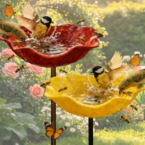 Fiori d'api fatti a mano in ceramica, vasca decorativa per uccelli e stazione dell'acqua d'api, ciotola per mangime resistente alle intemperie con asta in metallo, decorazione da giardino per giardino