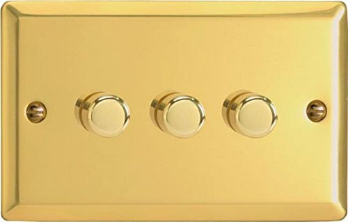 Varilight Classic 3-Gang 2-Way Rotary LED Dimmer Light Switch Push-On Twin Brass