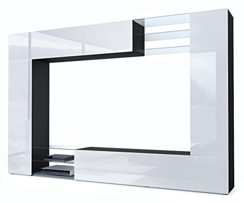 Vladon Wohnwand Mirage, Made in Germany, Anbauwand mit Rückwand mit 2 Türen, 2 Klappen und 6 offenen Glasablagen, Schwarz matt/Weiß Hochglanz (262 x 183 x 39 cm)