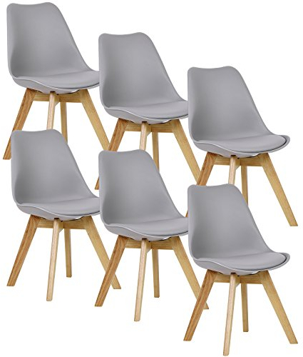 WOLTU Esszimmerstühle 6er Set, Skandinavische Küchenstühle Retro Design, Sitzfläche aus Kunstleder, mit Massivholz Beinen, bis 150 kg belastbar, Grau