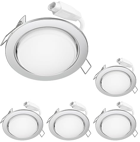 ledscom.de LED Decken-Einbaustrahler RUBA chrom matt GX531W je 509lm warmweiß rund flach 107mm Ø Lochkreis ca. 83-100mm Ø 5er Set