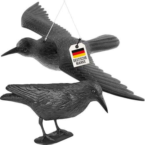 2X WELLGRO Vogelschreck Krähe – Raben Attrappe zur Vogelabwehr & Taubenabwehr – 1x fliegend und 1x sitzend – schwarz, Kunststoff – für Balkon & Garten