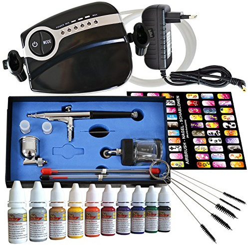 Airbrush Kompressor Set Carry II Schwarz Airbrush Set mit Nail Farben mit Schablonen, Kit mit Airbrush Kompressor, Universal-Airbrush-Pistole Double-Action 134s, Druckluftschlauch, Reinigungsbürsten