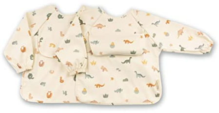 ÜneeQbaby Bavoirs imperméables pour bébés et tout-petits - Lot de 2, manches longues Oeko-TEX avec poche, style combinaison intégrale (Petit 6 à 18 mois, Dino blanc cassé)