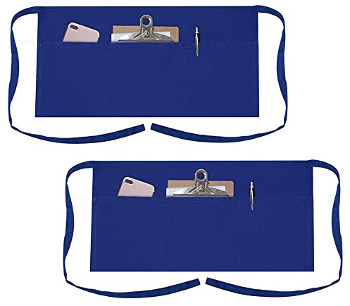 TopTie 2-pack 3 fickor servitris midjeförkläde, restaurang halvförkläden, polyester bomull, 61 cm B x 30 cm H – blå
