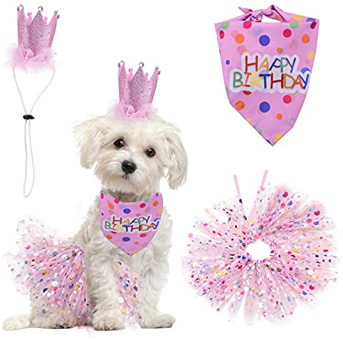 HACRAHO Hunde-Geburtstagsparty-Zubehör, 3-teiliges Hunde-Geburtstags-Halstuch mit Hut und Kleid, Mädchen-Set, Happy Birthday, Hundehalstuch für kleine, mittelgroße Hunde, rosa